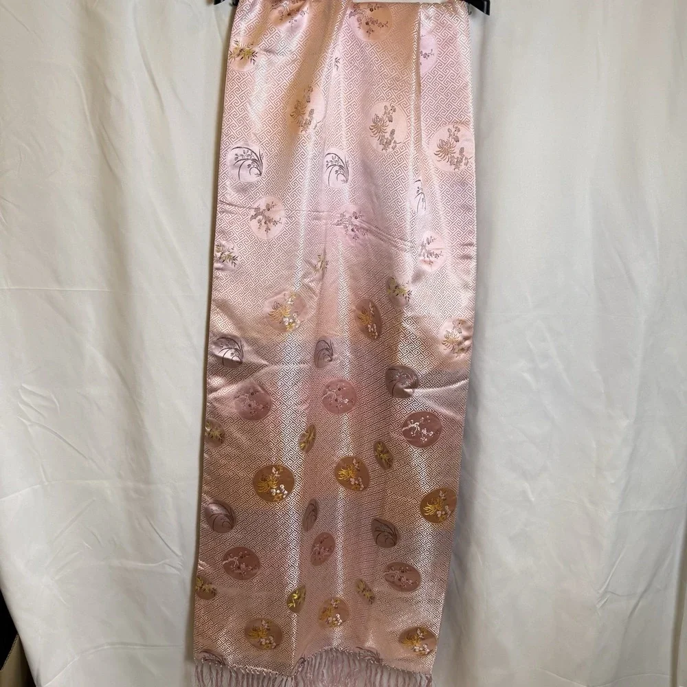 Handmade 100% Silk Floral Fringe Rectangle Scarf Pink/Gold 72x23 Women